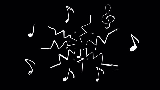 Musical rhythms with waves and notes on a black background. Stock animation with a musical staff and the creation of a sharp sound in 4K.