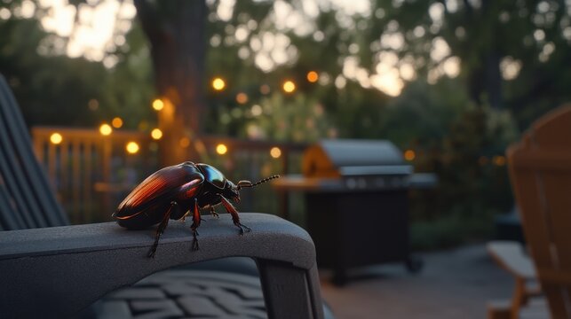 Iridescent June beetle perched on a weathered chair in the garden