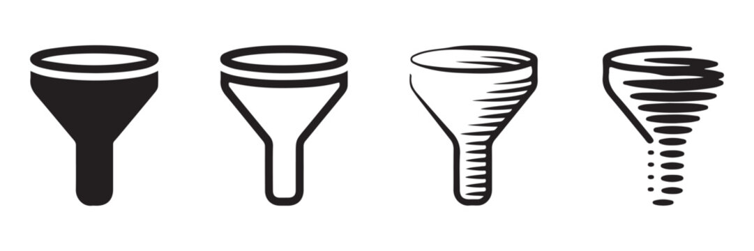 Filter symbol set for data processing showing regular funnel shapes and abstract spiral motion designs for sorting and analysis on transparent background
