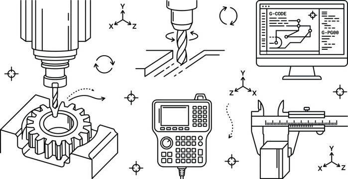 CNC Machine Milling Vector Icon Set with Computer Screen, Controller, Caliper, and Gear Blueprint Designs