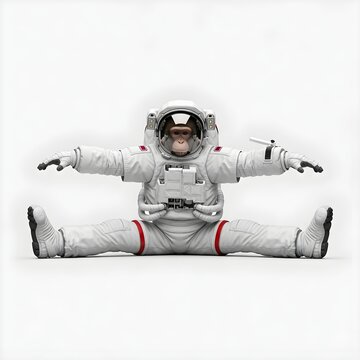Chimpanzee astronaut doing leg splits in white space suit