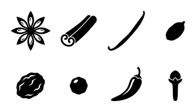 Spice Icons Collection: Star Anise, Cinnamon, Vanilla Bean, Cardamom, Nutmeg, Peppercorn, Chili Pepper, Clove, Culinary Elements, Food Seasoning Graphics