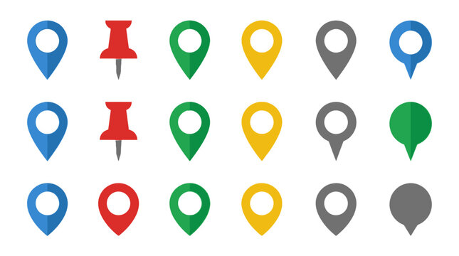 Colorful collection of flat design location pin icons and pushpin markers, ideal for digital maps, navigation, and geographic data representation