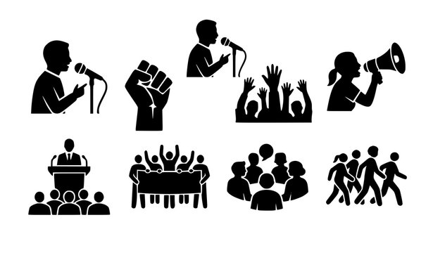 Public speech and activism silhouette vector set with crowd protest and megaphone icons