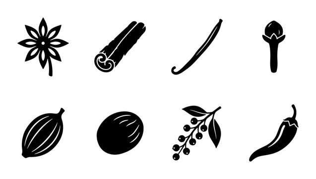 Spice Icons Collection: Anise, Cinnamon, Vanilla, Clove, Cardamom, Nutmeg, Peppercorns, Chili Pepper Vector Graphics for Culinary and Aromatic Themes