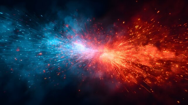 Abstract cosmic explosion with vibrant red and blue particle sparks clashing in deep space.