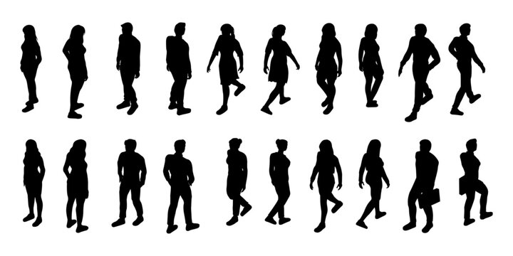 set of isometric people walking and standing silhouette set for architectural assets, lifestyle of citizen. black shadow illustration.