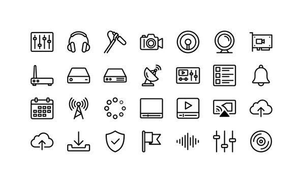 Media Studio Interface. Line icon set of streaming and broadcast tools: mixing console, headphones, boom microphone, studio camera, ring light, capture card, router, encoder box, satellite dish, video