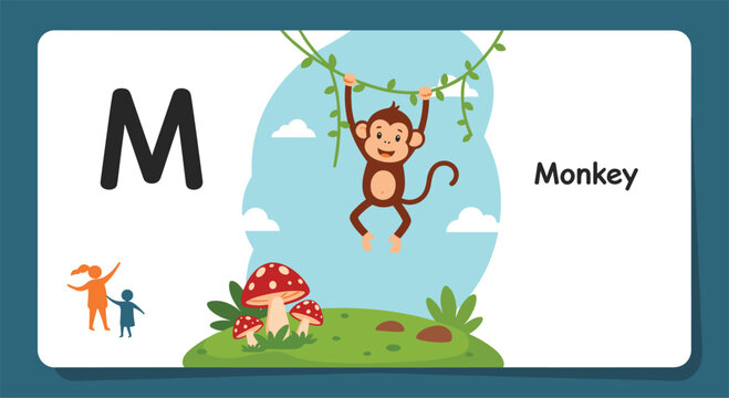 Letter M educational card for toddlers featuring a playful monkey swinging on vines in a scenic forest with colorful mushrooms.