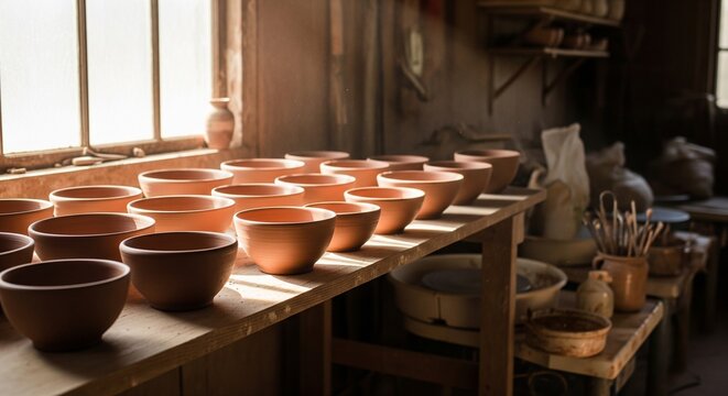 Interior view of a pottery studio or ceramic workshop. Multiple rows of unfired terracotta clay bowls are neatly arranged on a wooden table to dry. Warm, dusty sunlight streams through a large window 