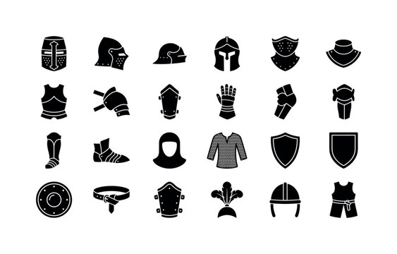 Knightly Armor Relics. Solid glyph icon set of medieval armor equipment: great helm, bascinet, sallet, barbute, bevor, gorget, cuirass, pauldron, vambrace, gauntlet, couter, poleyn, greave, sabaton,