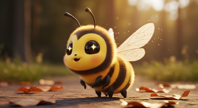 Happy fluffy bumblebee with sparkling eyes in a sunny forest. Joy and wonder in nature. Cute bee character standing on the ground with autumn leaves and golden sunlight glow