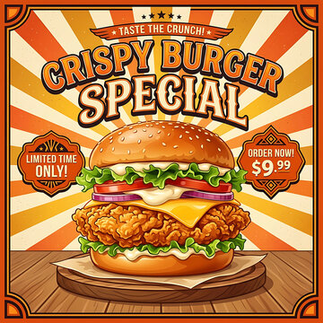Vintage crispy burger special poster, retro fast food advertisement with fried chicken sandwich, nostalgic restaurant menu flyer design