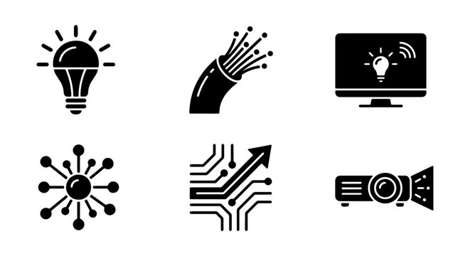 Technology Icons: Lightbulb, Fiber Optic Cable, Computer Monitor, Network, Circuit Board, Projector