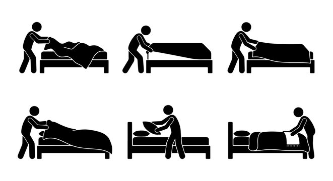 Bed Making Steps Icon Set, Bedroom Routine, Sheet Tucking, Pillow Placement, Household Chore Vector