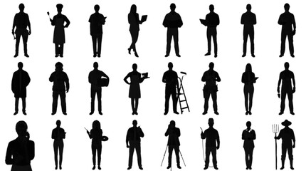 Set of black silhouettes of musicians playing instruments isolated on transparent background, Vector © md