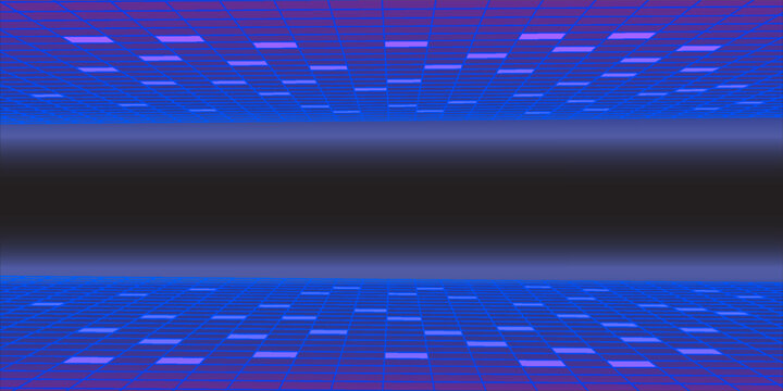 Abstract futuristic blue digital grid background with glowing neon perspective and dark center space for technology banner design.
