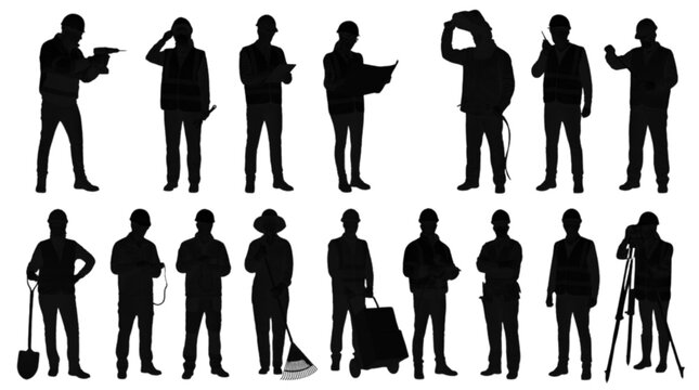 Black silhouettes of people with various professions isolated on transparent background, Vector