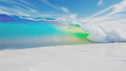Fototapeta premium Vibrant ocean wave illustration, colorful rainbow light refraction through clear blue water, serene tropical beach scene, summer vacation backdrop 4K grainy texture Background