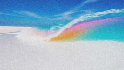 Fototapeta premium Vibrant rainbow wave illustration, colorful ocean surf breaking on a pristine white sandy beach, idyllic summer vacation scene, tropical paradise background 4K grainy texture Background