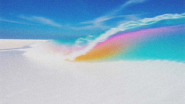 Vibrant rainbow wave illustration, colorful ocean surf breaking on a pristine white sandy beach, idyllic summer vacation scene, tropical paradise background 4K grainy texture Background