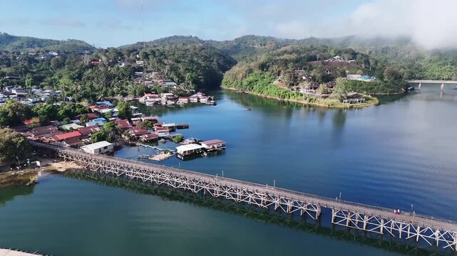 Aerial view of Mon Bridge or Uttamanusorn Bridge in Sangkhlaburi, Kanchanaburi Province, Thailand