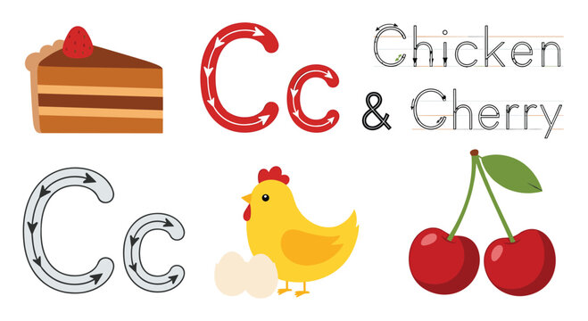 Alphabet learning card for letter C featuring tracing guides and colorful images of a cake slice, a mother hen with eggs, and cherries.