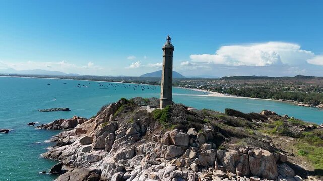 Ke Ga Lighthouse on Rocky Island Viewed from Drone Above the Coast of Binh Thuan Vietnam