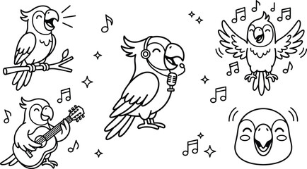 Cute Musical Parrot Cartoon Vector Set with Birds Singing Playing Guitar and Wearing Headphones Doodle Designs © MstBabli