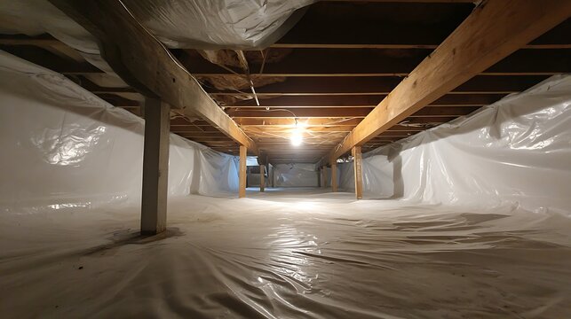 A crawlspace perspective, showing support beams, plastic sheeting, and a single light source