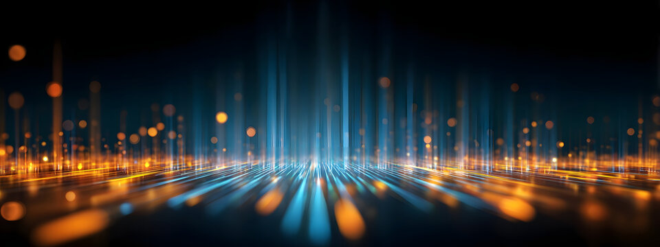 Abstract digital perspective with orange and blue light trails flowing through dark virtual space.