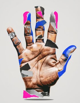 Abstract Collage Hand Art with Geometric Shapes and Vibrant Colors.