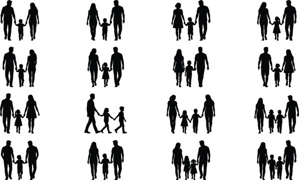 Large silhouette collection of families walking and holding hands with children daughters sons and toddlers isolated on white background