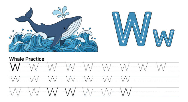 Educational alphabet handwriting practice worksheet for the letter w featuring a large blue whale jumping over ocean waves.