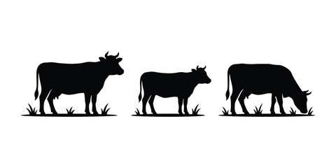 Obraz premium Cows on grass field silhouettes set, dairy cow or cattle farm animals standing and grazing.