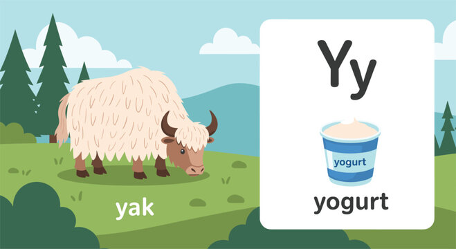 Educational alphabet flashcard for the letter y showing a furry brown yak and a container of delicious healthy yogurt snack.