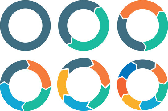 Circle arrow charts infographic templates. Circle diagram infographic set. Rotation round cycle vector scheme process template. 3, 4, 5, 6 parts. 