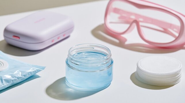 Flat lay highlighting cooling gel jar in sharp focus with outoffocus laser device sterilizing wipes and protective goggles arranged on clean white tabletop enhanced by soft pastel
