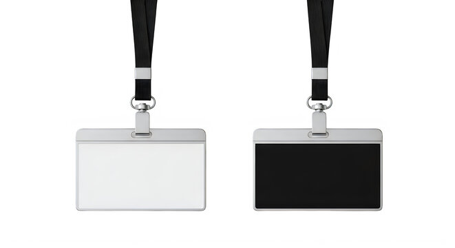 Two name badges on lanyards hanging side by side isolated on transparent background