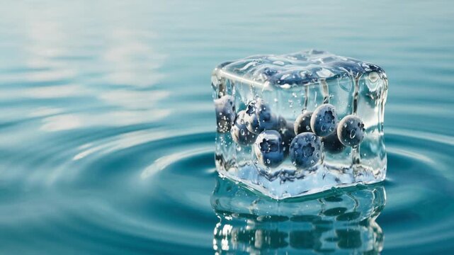 Frozen blueberries inside melting ice cube floating on tropical water, luxury summer background