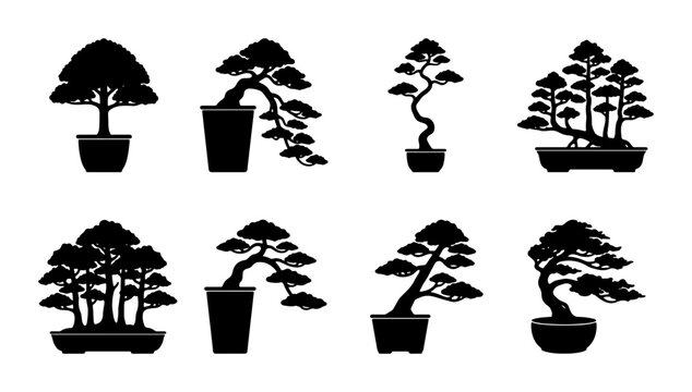 Set of 8 Black Silhouette Bonsai Trees in Pots, Minimalist Vector Art for Nature, Zen, and Garden Design