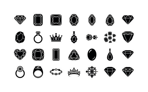 Faceted Gem Glyphs. Solid glyph icon set of Gem icons showing diamond cuts and jewelry types in grid: brilliant cut diamond, emerald cut gem, princess cut gem, oval cut gem, marquise cut gem, pear cut