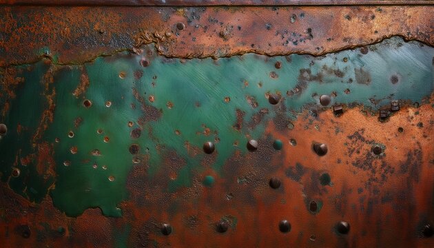 closeup of aged dark copper surface with green patina and textured pitted details showcasing rich earthy tones and weathered metal background with ample space on side