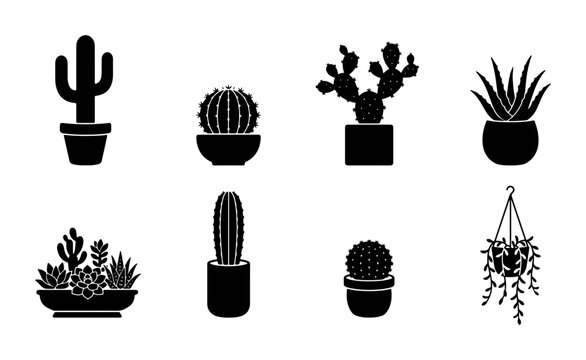 Set of 8 Black Silhouette Potted Cacti and Succulent Plants, Vector Icons for Home Decor and Gardening Design