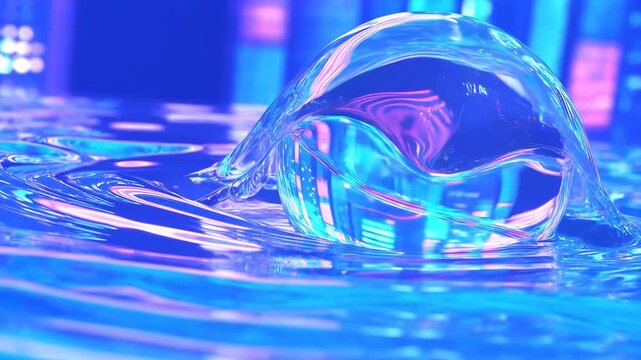Bubble floating on water surface with vibrant blue lighting and reflections featuring transparent, liquid, glass with ripple and liquid reflection