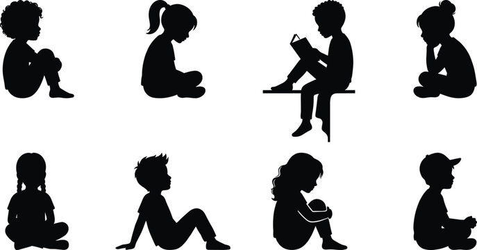 Silhouette collection of diverse children sitting reading and resting in various side profile poses isolated on white background