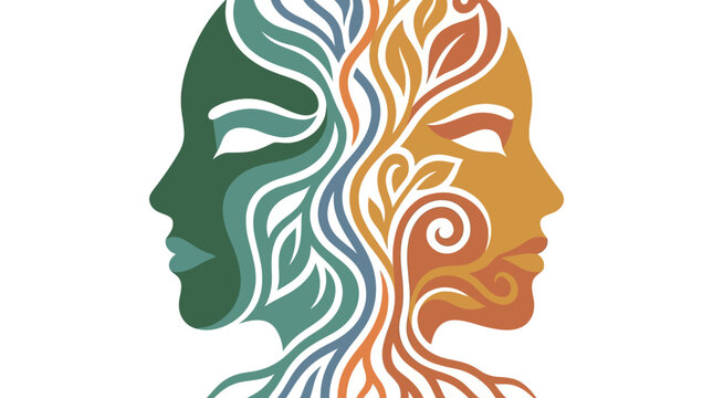 Humanity and nature in harmony Abstract faces entwined with lush botanical growth, symbolizing balance, transformation, and life's interconnected essence