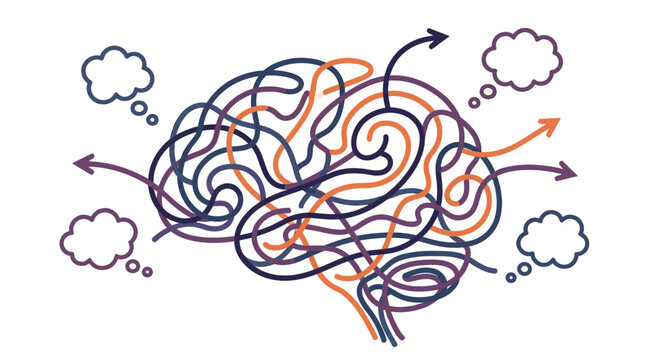Abstract brain illustration with tangled lines and thought bubbles, symbolizing thought processes and complexity