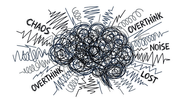Abstract visualization of an overwhelmed mind, illustrating the chaotic thought processes, mental stress, and anxiety with intricate scribble lines