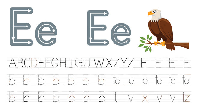 Educational handwriting practice worksheet helps children learn to write the letter E with guided arrows and an eagle illustration.